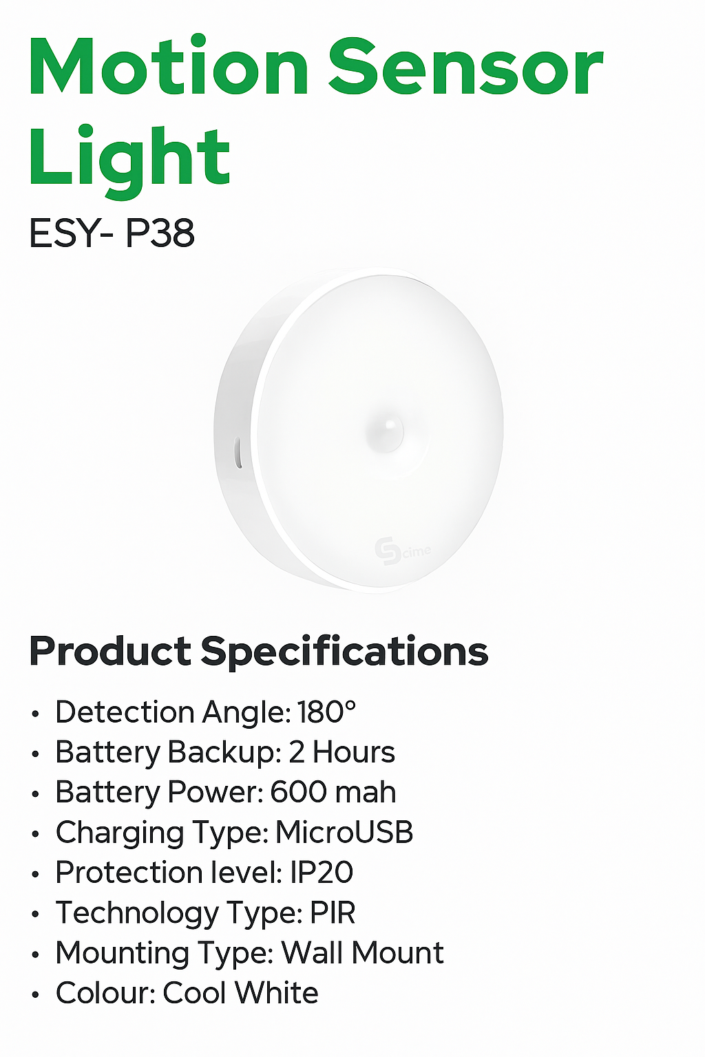 ESY-P38 Motion Sensor Light | Smart PIR Wall Mount Light with Rechargeable Battery