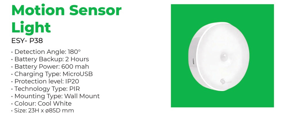 ESY-P38 Motion Sensor Light | Smart PIR Wall Mount Light with Rechargeable Battery